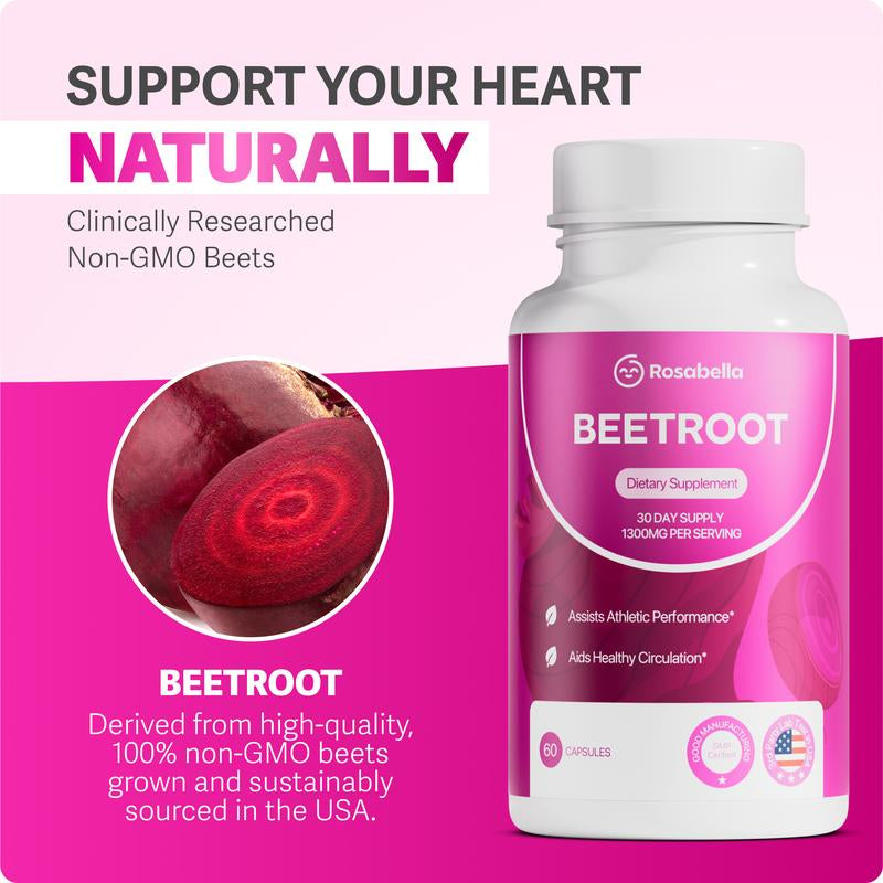 Rosabella Organic Beetroot Capsules (1300Mg) for Blood Flow & Heart Health