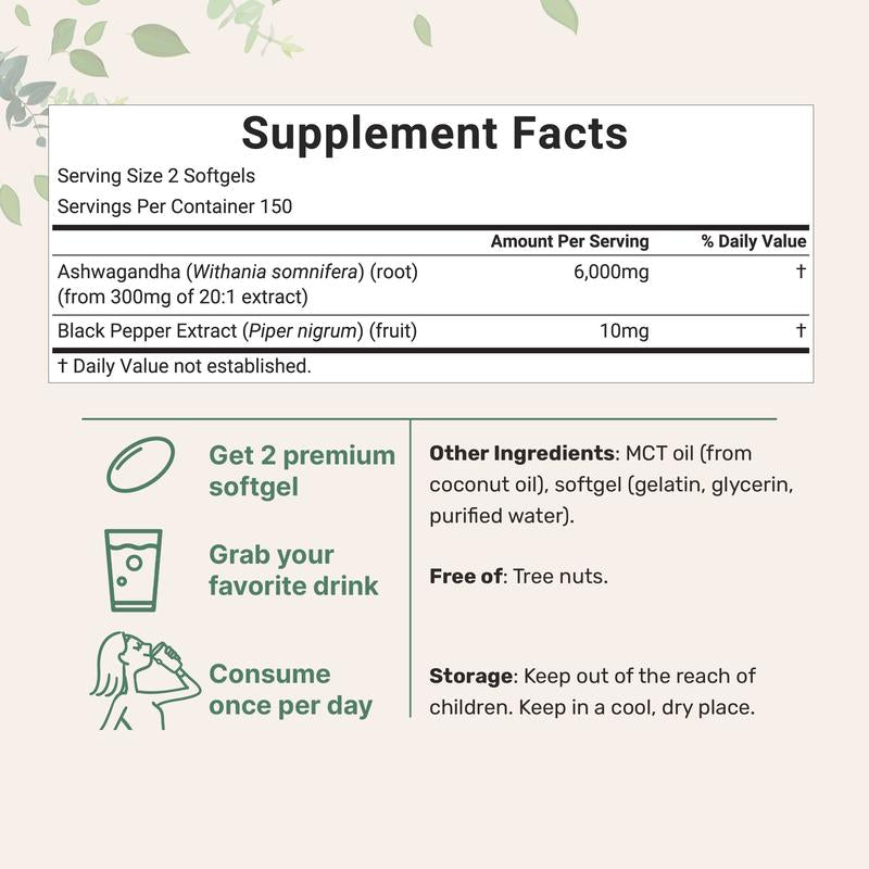 Micro Ingredients Ashwagandha Supplements 6,000Mg per Serving | 300 Coconut MCT Oil Softgels