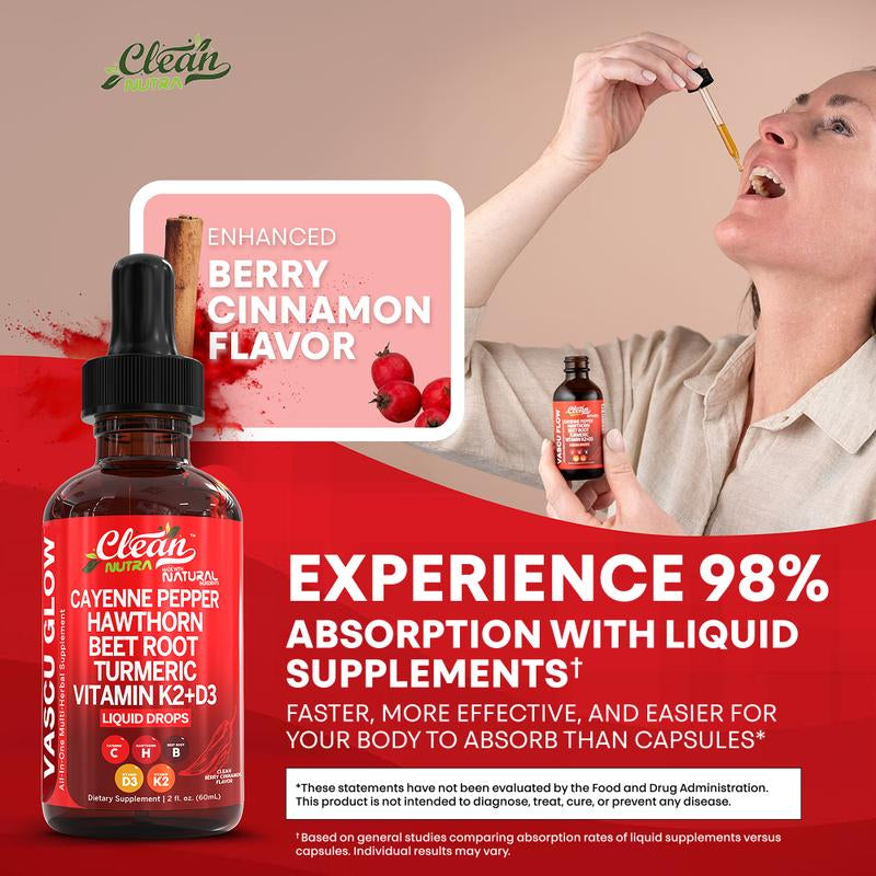 Cayenne Pepper Supplement Liquid Drops + Hawthorn Berry, Vitamin D3 K2 Organic Beet Root Powder, Ceylon Cinnamon, Turmeric Curcumin, Panax Ginseng