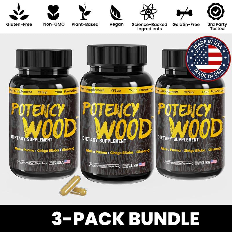 Potency Wood Energy Stamina Supplements - Ginseng Ashwagandha Gingko Tribulus, Adaptogen, Brain, Immune Health, Antioxidants, Anti-Imflammation