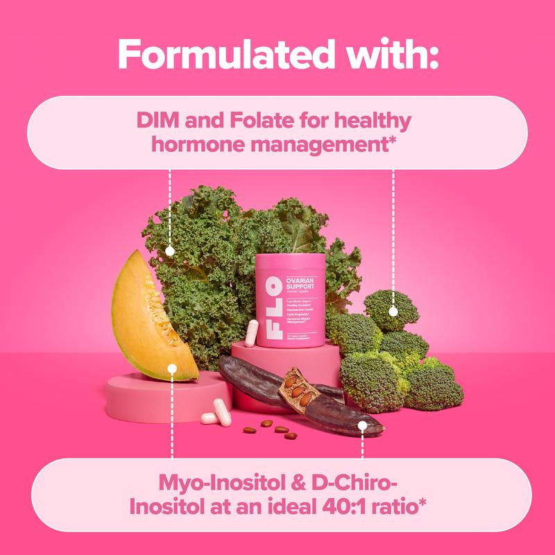Hormone Balance & Cycle Support Vitamins by FLO: Supplement for Women with Myo-Inositol & D-Chiro-Inositol (40:1 Ratio), DIM, and Folic Acid