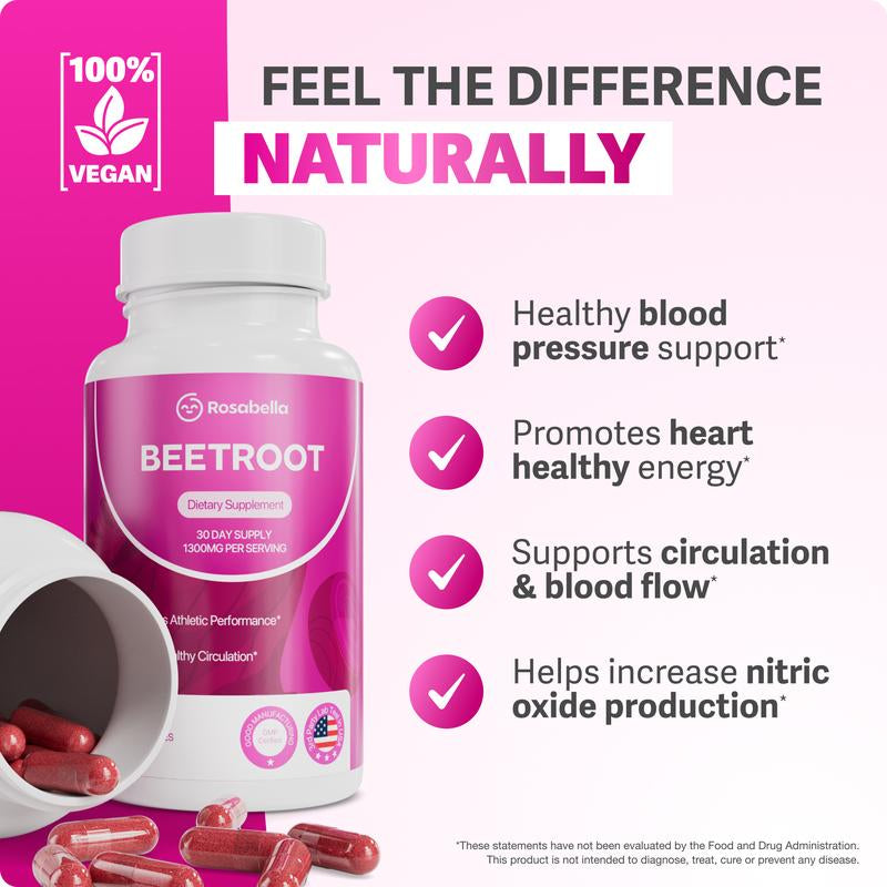Rosabella Organic Beetroot Capsules (1300Mg) for Blood Flow & Heart Health