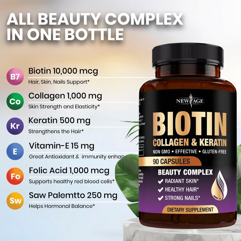 NEW AGE Biotin Collagen Keratin Hyaluronic Acid - 50,000Mcg Hair Growth Vitamins for Men and Women, Nails, Hair, Skin Vitamins and DHT Blocker with Vitamin E Folic Acid Pumpkin Seed MSM- Capsules