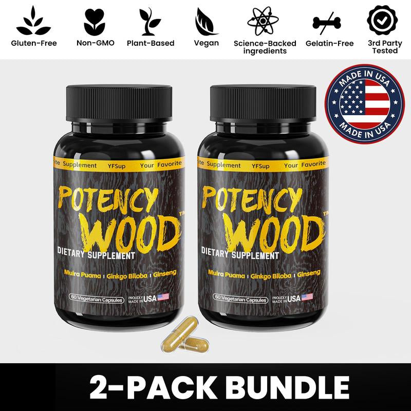 Potency Wood Energy Stamina Supplements - Ginseng Ashwagandha Gingko Tribulus, Adaptogen, Brain, Immune Health, Antioxidants, Anti-Imflammation
