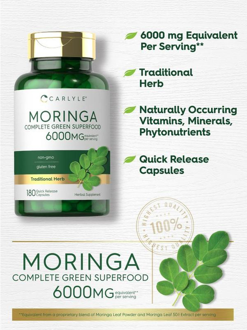 Carlyle Moringa Oleifera | 180 Capsules | Non-Gmo and Gluten Free Supplement | Complete Green Superfood | from Moringa Leaf Powder