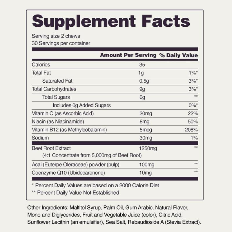 Snap Supplements - Heart Beets Chews - 30 Servings - Natural Supplement Soft Chews - Mixed Berry Flavor Dietary Edible - Nitric Oxide Cardiovascular Beetroot