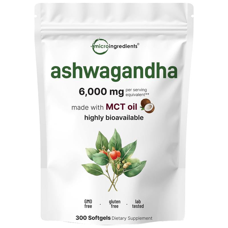 Micro Ingredients Ashwagandha Supplements 6,000Mg per Serving | 300 Coconut MCT Oil Softgels