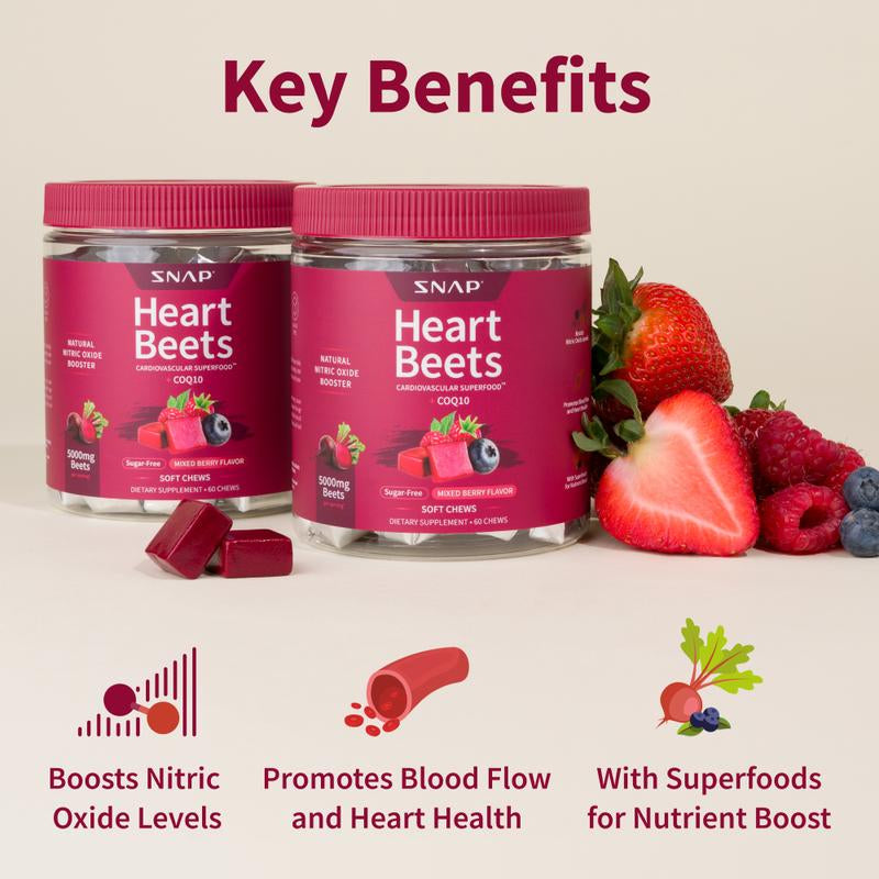 Snap Supplements - Heart Beets Chews - 30 Servings - Natural Supplement Soft Chews - Mixed Berry Flavor Dietary Edible - Nitric Oxide Cardiovascular Beetroot