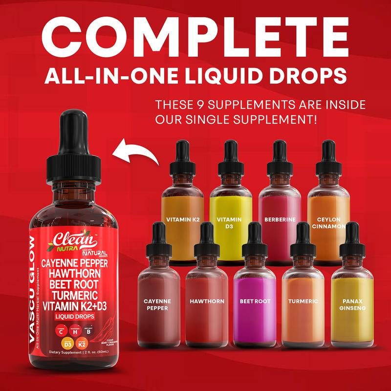Cayenne Pepper Supplement Liquid Drops + Hawthorn Berry, Vitamin D3 K2 Organic Beet Root Powder, Ceylon Cinnamon, Turmeric Curcumin, Panax Ginseng