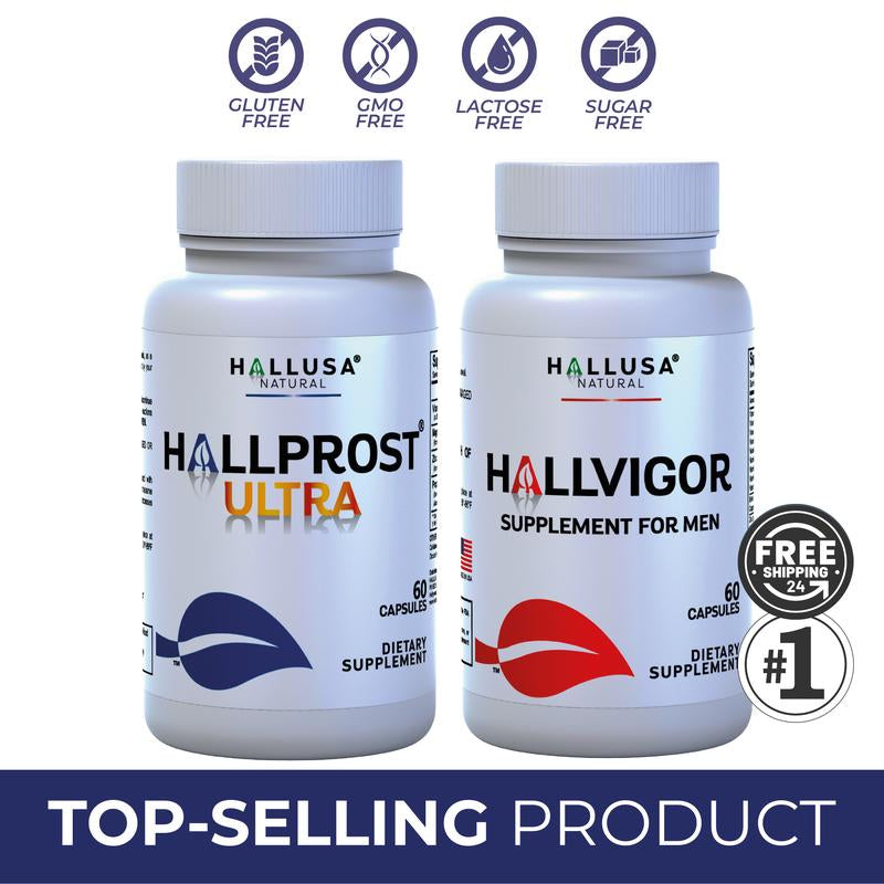 Hallprost Ultra & Hallvigor 120 Cap - Dietary Supplement for Men - Pygeum, Pumpkin Seeds, Vitamin Prostate Formula - Energy Supplements - HALLUSA NATURAL