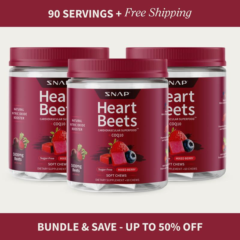 Snap Supplements - Heart Beets Chews - 30 Servings - Natural Supplement Soft Chews - Mixed Berry Flavor Dietary Edible - Nitric Oxide Cardiovascular Beetroot
