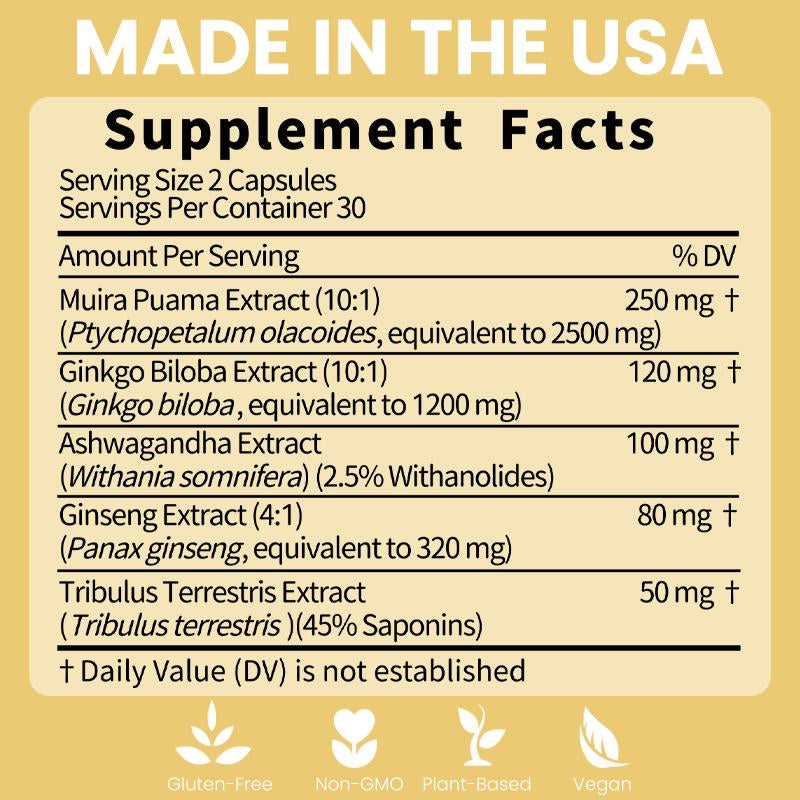 Potency Wood Energy Stamina Supplements - Ginseng Ashwagandha Gingko Tribulus, Adaptogen, Brain, Immune Health, Antioxidants, Anti-Imflammation